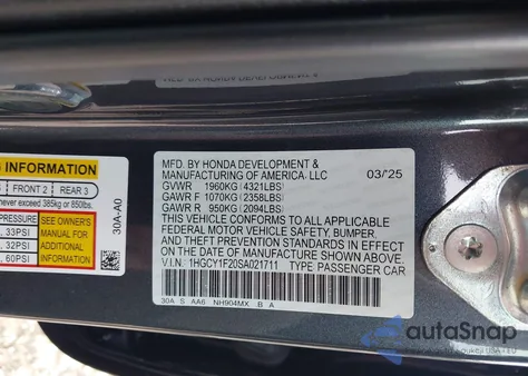 2025 Honda Accord Lx из США, поврежденный, VIN 1HGCY1F20SA021711